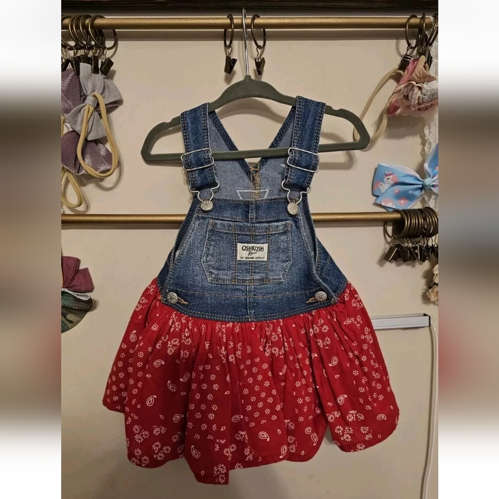 Oshkosh B'gosh Vestbak Denim Dress Red Paisley Overall Bib 9 Month Jean Dress